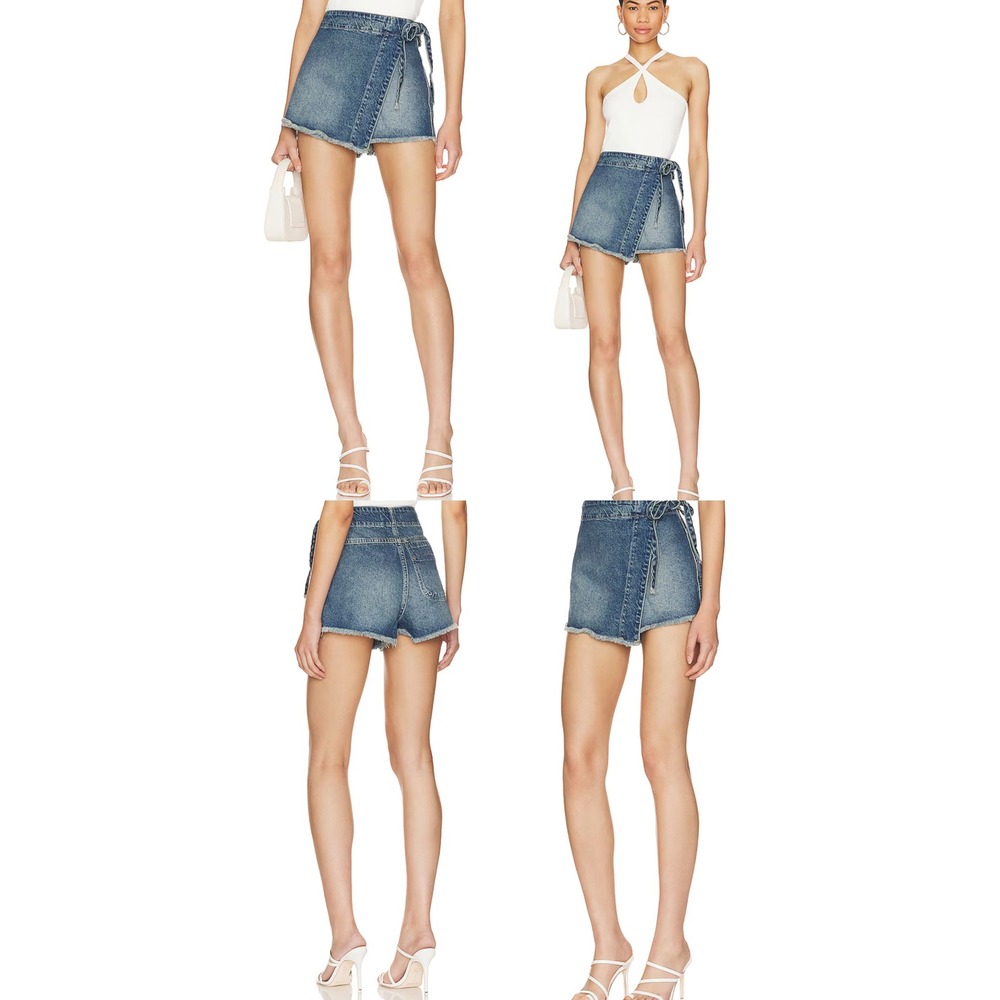 We The Free Free People Denim Wrap Skort Medium Wash Blue Size 6 Side Tie Frayed